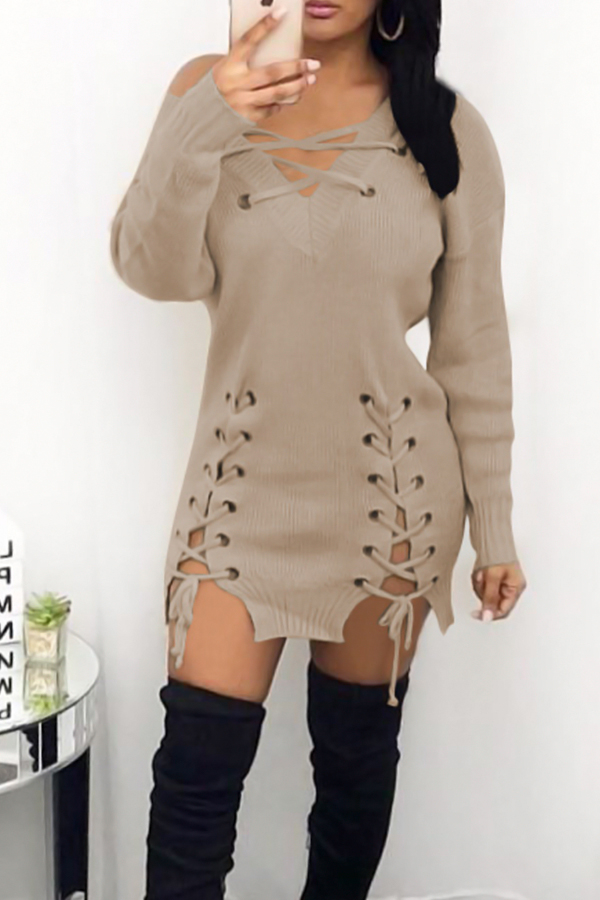  Sexy V Neck Eyelets Design Lace-up Khaki Polyester Mini Dress