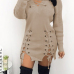  Sexy V Neck Eyelets Design Lace-up Khaki Polyester Mini Dress