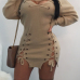  Sexy V Neck Eyelets Design Lace-up Khaki Polyester Mini Dress