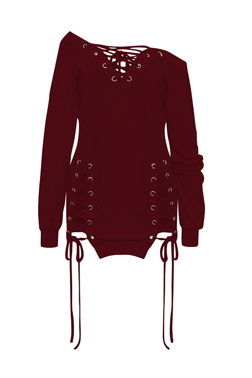  Sexy V Neck Eyelets Design Lace-up Wine Red Polyester Mini Dress