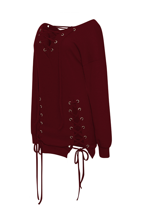  Sexy V Neck Eyelets Design Lace-up Wine Red Polyester Mini Dress