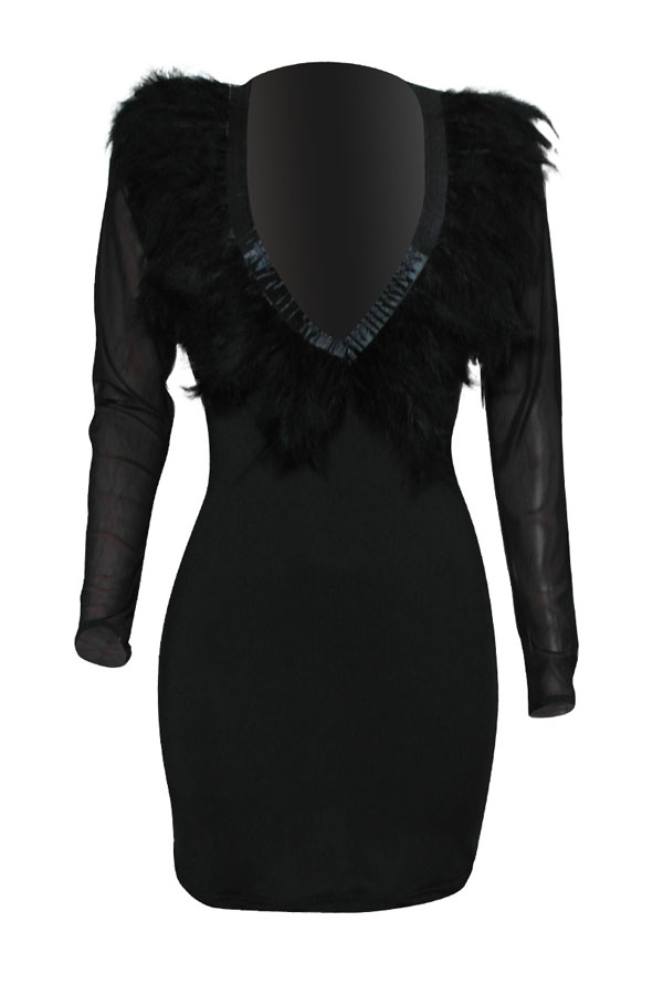  Sexy V Neck Feather Decoration Net Yarn Splicing Black Polyester Knee Length Dress