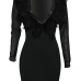  Sexy V Neck Feather Decoration Net Yarn Splicing Black Polyester Knee Length Dress