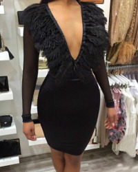  Sexy V Neck Feather Decoration Net Yarn Splicing Black Polyester Knee Length Dress