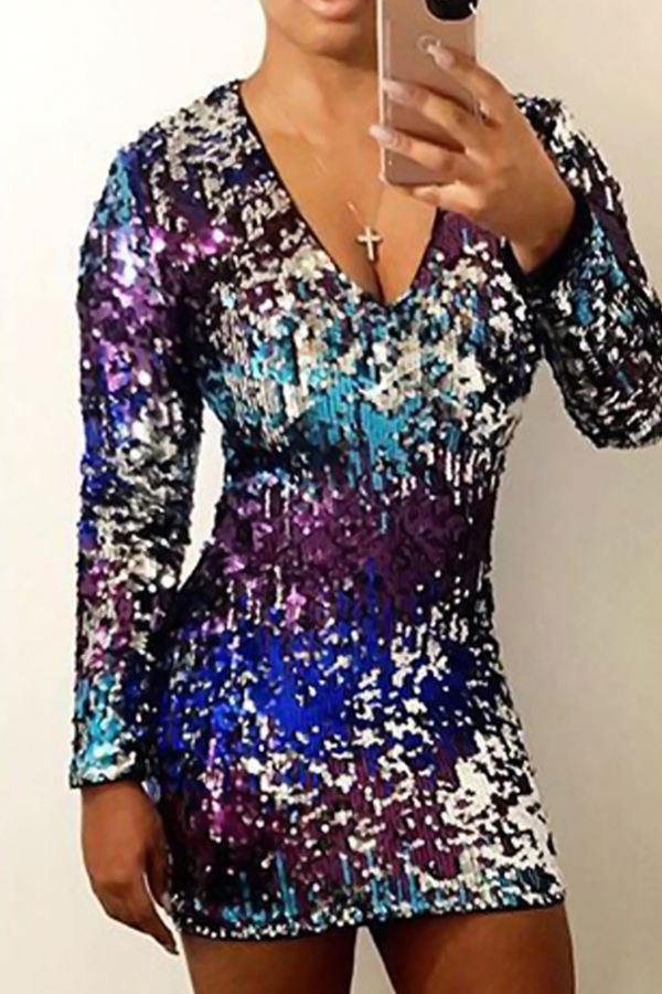  Sexy V Neck Gradient Sequined Decorative Polyester Sheath Mini Dress