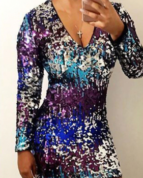  Sexy V Neck Gradient Sequined Decorative Polyester Sheath Mini Dress