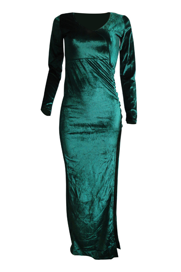  Sexy V Neck High Side Slit Green Velvet Sheath Ankle Length Dress