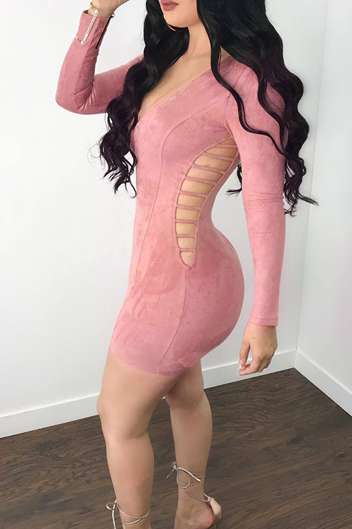  Sexy V Neck Hollow-out Pink Polyester Sheath Mini Dress