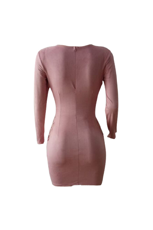  Sexy V Neck Hollow-out Pink Polyester Sheath Mini Dress