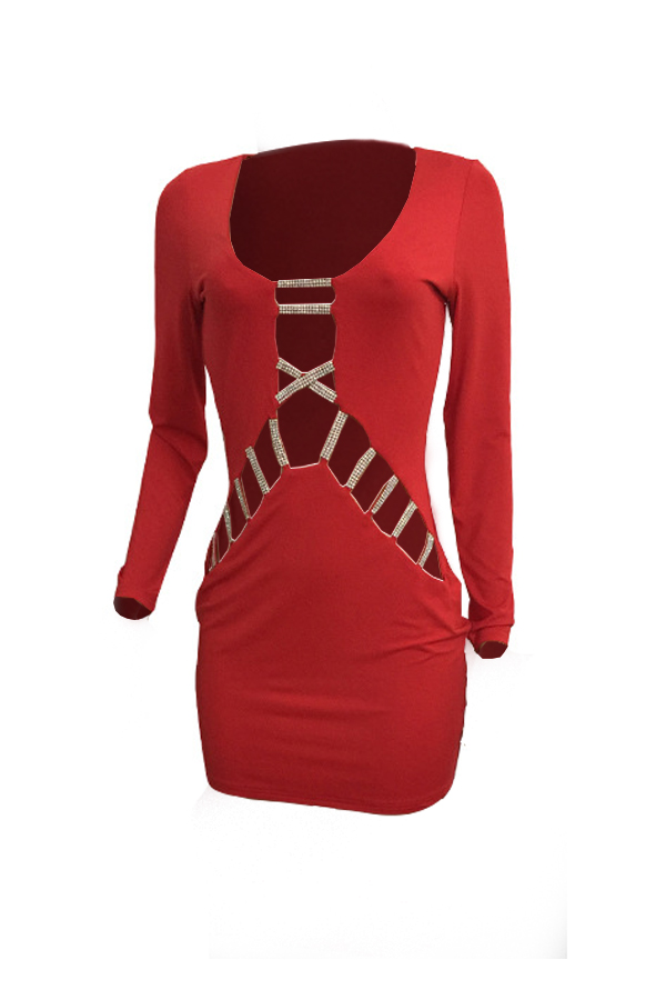  Sexy V Neck Hollow-out Wine Red Milk Fiber Sheath Mini Dress