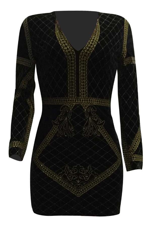  Sexy V Neck Hot Stamping Craft Gold Velvet Sheath Mini Dress