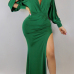  Sexy V Neck Irregular Patchwork Green Milk Fiber Floor Length Dress