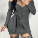  Sexy V Neck Lace-up Asymmetrical Grey Cotton Knee Length Dress