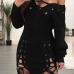  Sexy V Neck Lace-up Hollow-out Black Polyester Mini Dress