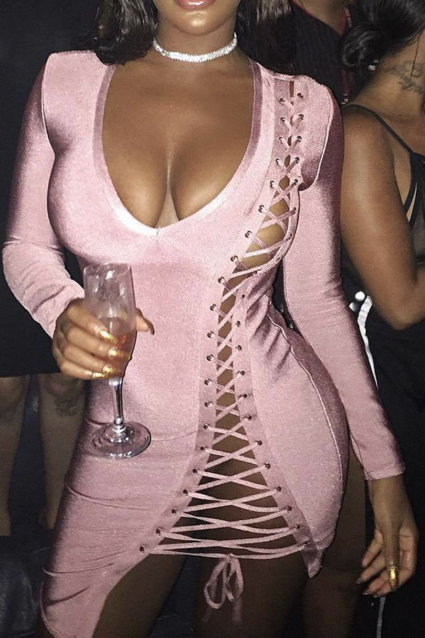  Sexy V Neck Lace-up Hollow-out Pink Velvet Mini Dress