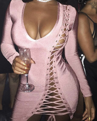  Sexy V Neck Lace-up Hollow-out Pink Velvet Mini Dress