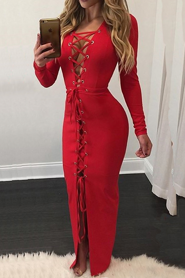  Sexy V Neck Lace-up Hollow-out Red Polyester Ankle Length Dress