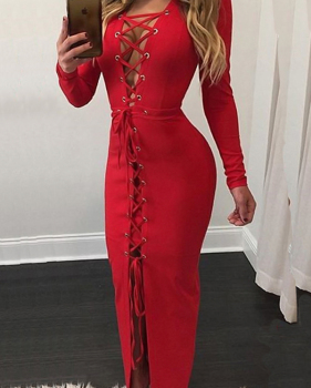  Sexy V Neck Lace-up Hollow-out Red Polyester Ankle Length Dress