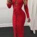  Sexy V Neck Lace-up Hollow-out Red Polyester Ankle Length Dress