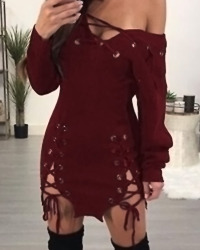  Sexy V Neck Lace-up Hollow-out Wine Red Polyester Mini Dress