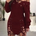  Sexy V Neck Lace-up Hollow-out Wine Red Polyester Mini Dress