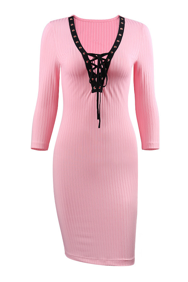  Sexy V Neck Lace-up Pink Polyester Knee Length Dress