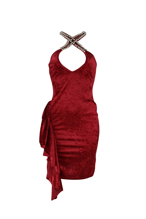  Sexy V Neck Pearl Decoration Red Velvet Knee Length Dress