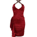  Sexy V Neck Pearl Decoration Red Velvet Knee Length Dress