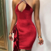  Sexy V Neck Pearl Decoration Red Velvet Knee Length Dress