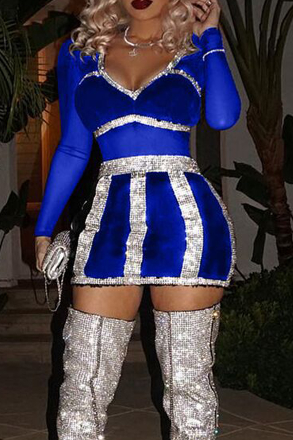  Sexy V Neck See-Through Royalblue Polyester Mini Dress