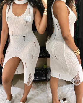  Sexy V Neck See-Through White Polyester Sheath Knee Length Dress