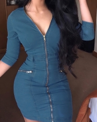  Sexy V Neck Three Quarter Sleeves Zipper Design Blue Denim Mini Dress