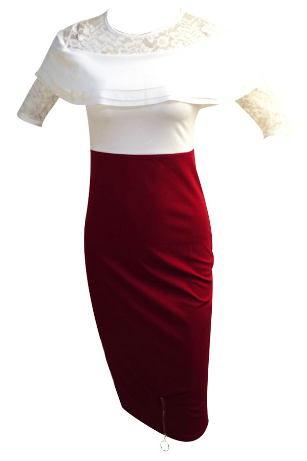  Stylish Falbala Design Wine Red Cotton Blend Sheath Mid Calf Dress