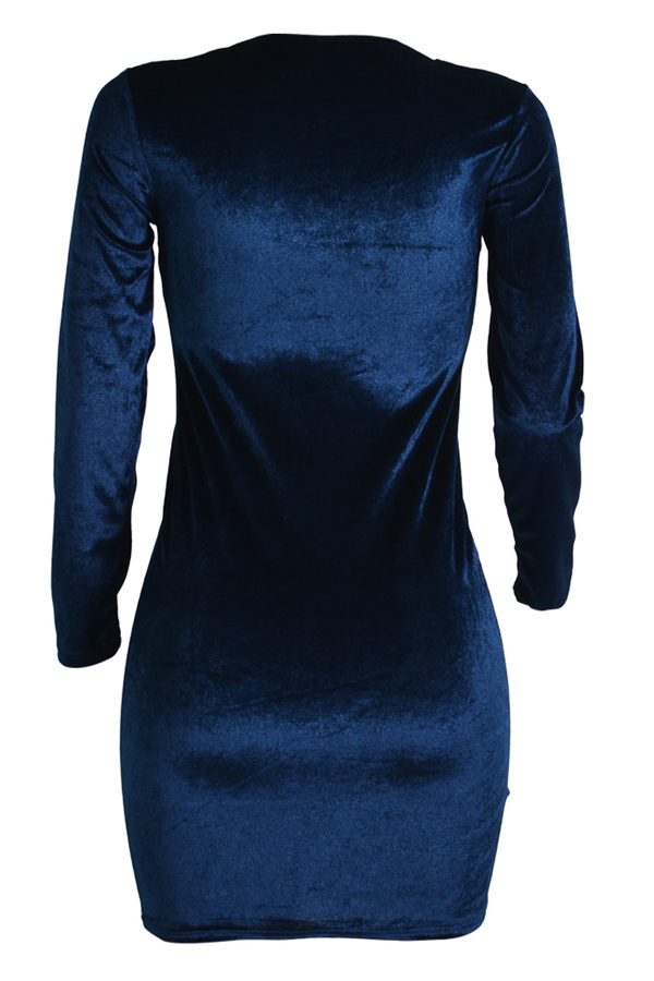  Stylish Long Sleeves Blue Velvet Sheath Mini Dress