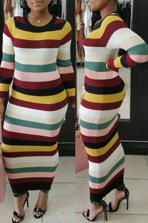  Stylish Round Neck Striped Polyester Sheath Ankle Length Dress