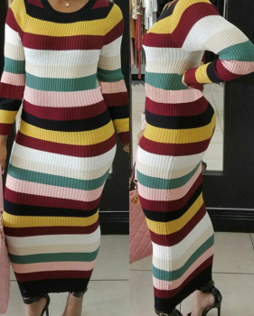  Stylish Round Neck Striped Polyester Sheath Ankle Length Dress