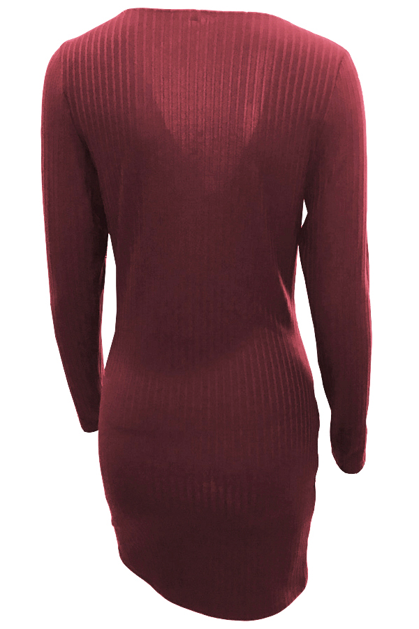  Stylish V Neck Long Sleeves Wine Red Polyester Sheath Mini Dress