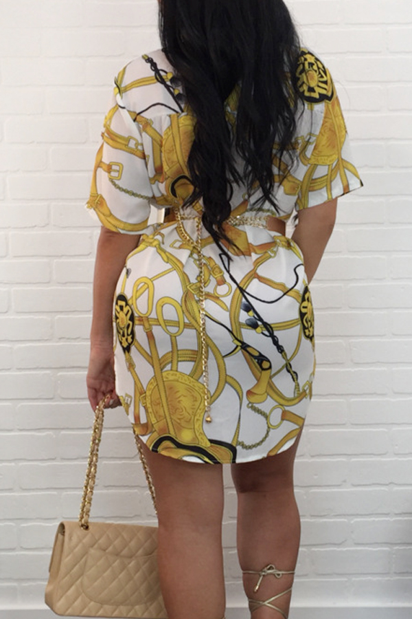  Stylish V Neck Printed White Polyester Mini Dress(Without Belt)