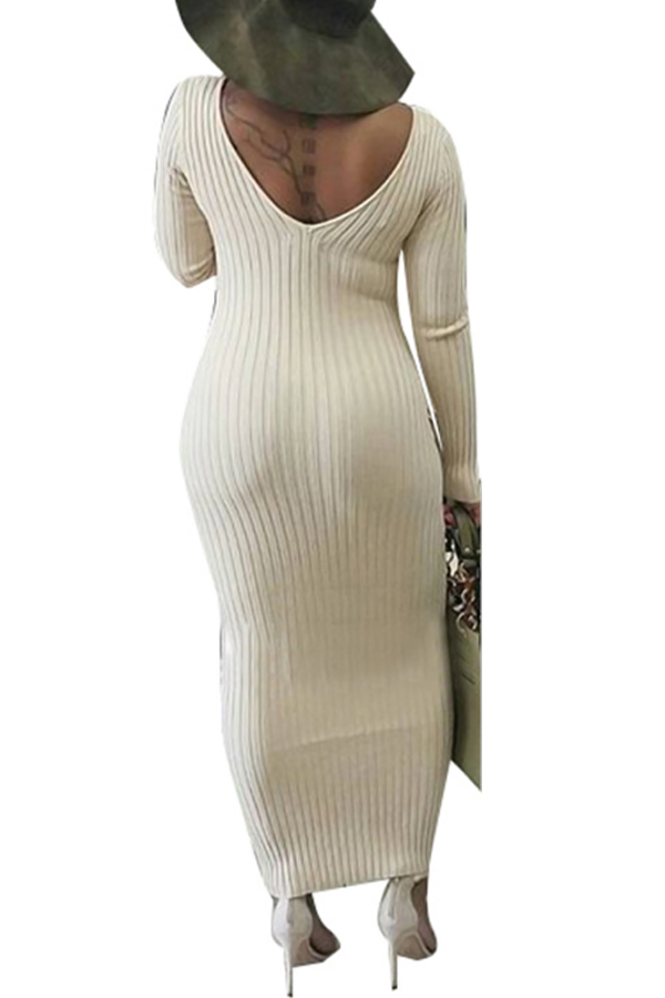  Stylish V Neck White Cotton Blend Sheath Mid Calf Dress