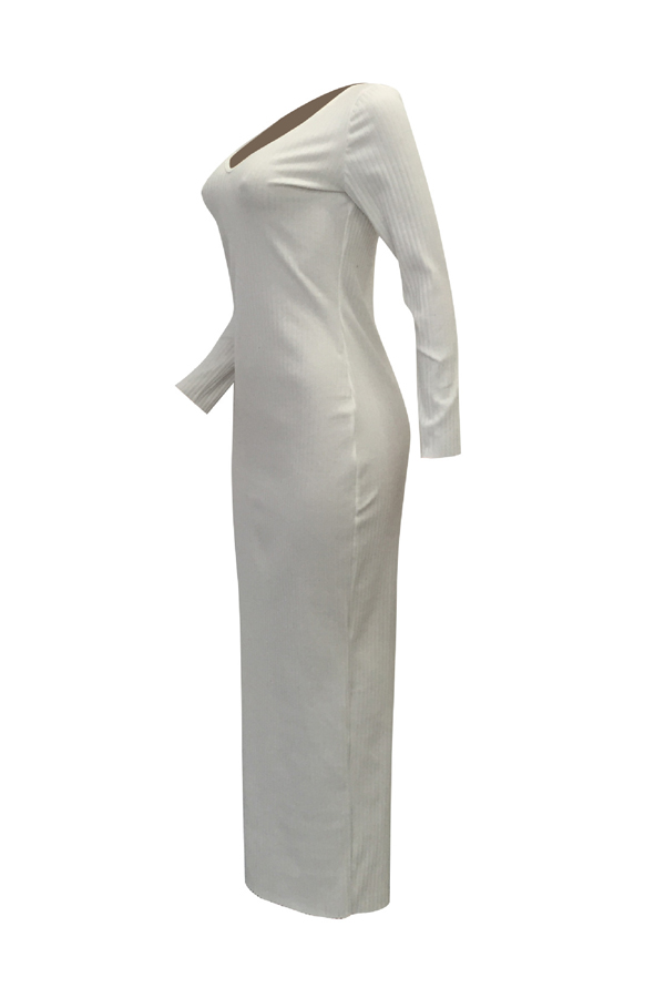  Stylish V Neck White Cotton Blend Sheath Mid Calf Dress