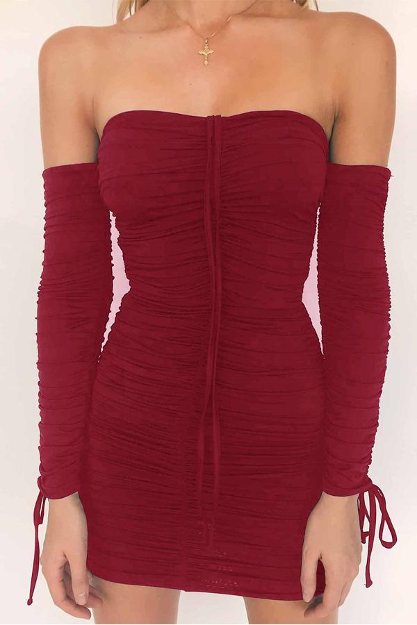  Trendy Dew Shoulder Drape Design Wine Red Polyester Sheath Mini Dress