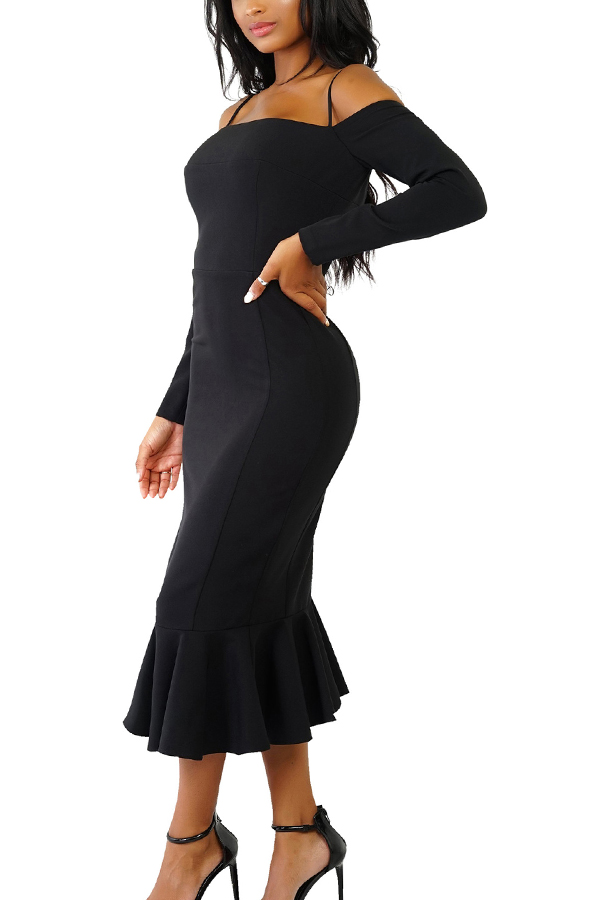  Trendy Falbala Design Black Polyester Sheath Mid Calf Dress