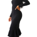  Trendy Falbala Design Black Polyester Sheath Mid Calf Dress