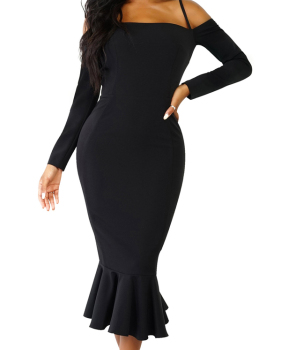  Trendy Falbala Design Black Polyester Sheath Mid Calf Dress