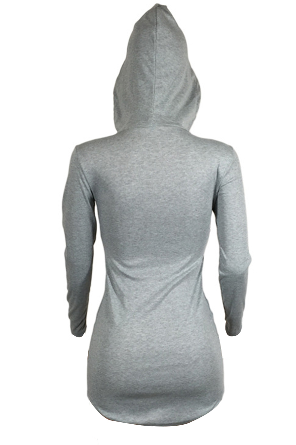  Trendy Hooded Collar Letters Printed Grey Cotton Blend Mini Dress