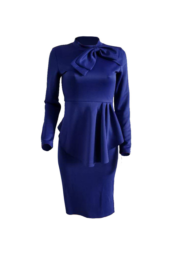  Trendy Round Neck Drape Collage Design Blue Polyester Sheath Mid Calf Dress