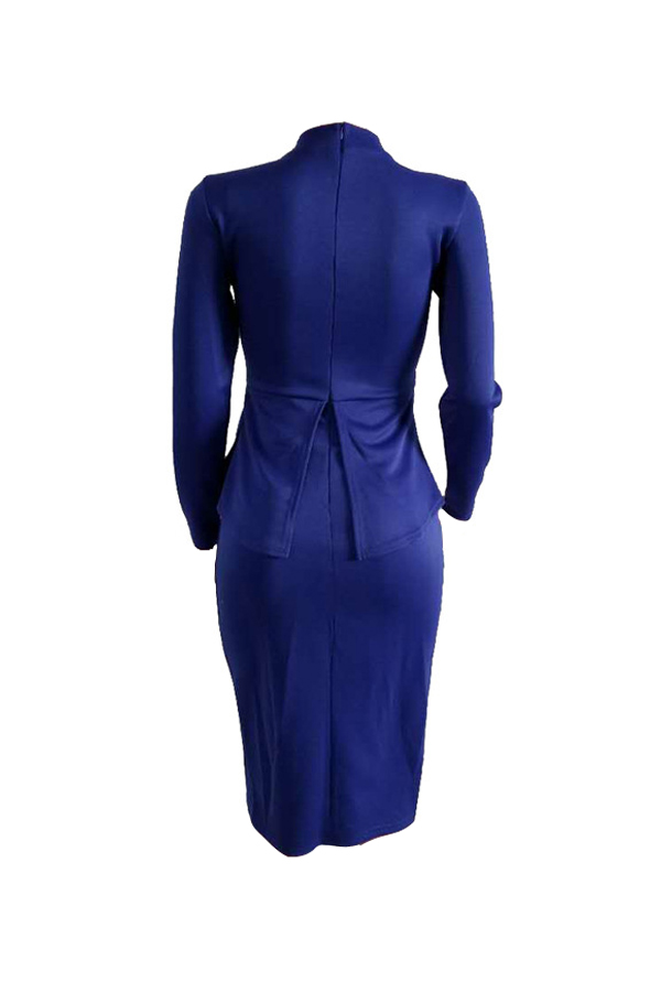  Trendy Round Neck Drape Collage Design Blue Polyester Sheath Mid Calf Dress