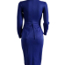  Trendy Round Neck Drape Collage Design Blue Polyester Sheath Mid Calf Dress