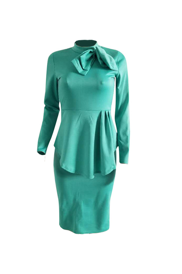  Trendy Round Neck Drape Collage Design Green Polyester Sheath Mid Calf Dress