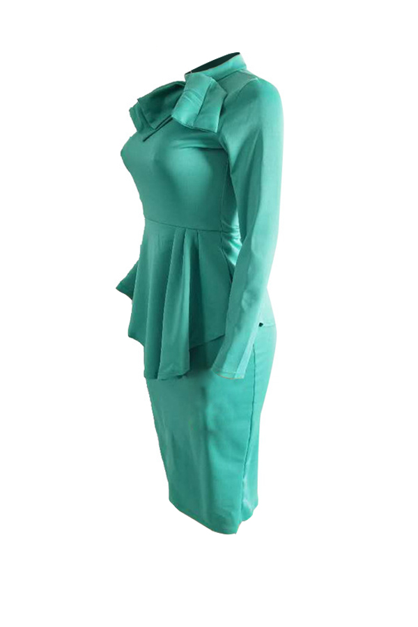  Trendy Round Neck Drape Collage Design Green Polyester Sheath Mid Calf Dress